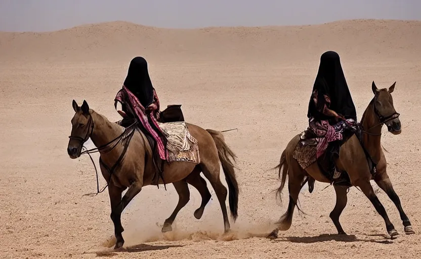 Image similar to beautiful burqa's woman, riding a horse!!! in saharan, sharp eyes, perfect dynamic posture, dust, cinematic, perfect dynamic pose, pinterest,, very perfect position, award winning photo by national geographic