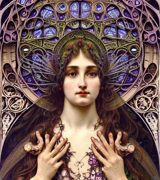 Image similar to hyperrealistic detailed face portrait of a beautiful young goddess morphing into a gothic cathedral, authentic ornamental architecture, intricate and highly detailed, awe inspiring art by ernst haeckel, h. r. giger, alphonso mucha, james jean, gothic, neo - gothic, heavily ornamental, nice deep colours,