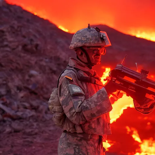 Prompt: a soldier with a glowing orange visor, a half-turn looks into the camera, bodies of the dead are scattered around, an orange fire in the background, 4k, details, dramatic pose