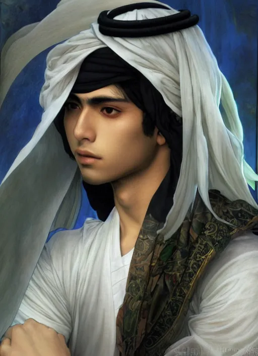 Image similar to beautiful medium shot portrait of a young arabic man inspired by ayami kojima with short hair dressed with a white t - shirt looking into the camera from three - quarters, white background white bank studio light, art by yoshitaka amano, alfons mucha, final fantasy, high quality, 8 k