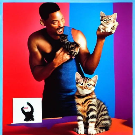 Image similar to will smith posing for a camera, holding up a kitten during an photoshoot for his early 2 0 0 0's techno album, cool coloring reminiscent of the 2 0 0 0's, album cover, y 2 k aesthetic,