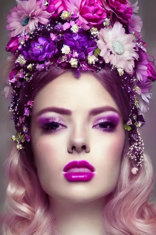 Image similar to lovely regal queen, portrait, updo of blonde and pink ombre hair, crown, flowerpunk, crystal coated violet flowers, by Natalie Shau