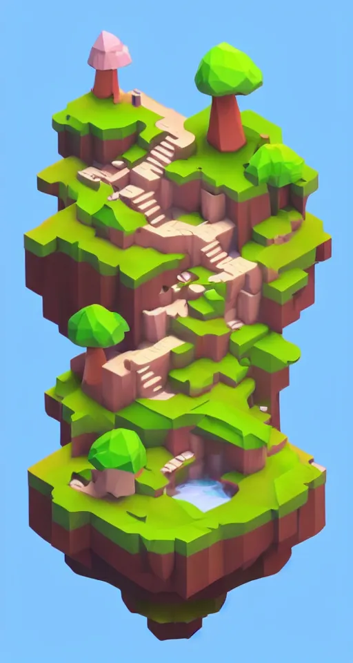 Image similar to a cute little matte low poly isometric mushroom island, waterfalls, lat lighting, soft shadows, trending on artstation, 3d render, monument valley, fez video game,