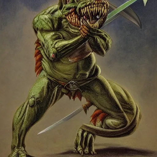 Prompt: dog - faced muscular goblin, ugly face, lizard tail, holding scimitar made of bone, scimitar, sword, jagged sword, curved sword, orkish sword, colorized, green skin, hyper - detailed, primeval fantasy, prehistoric fantasy, drawn by frank frazetta