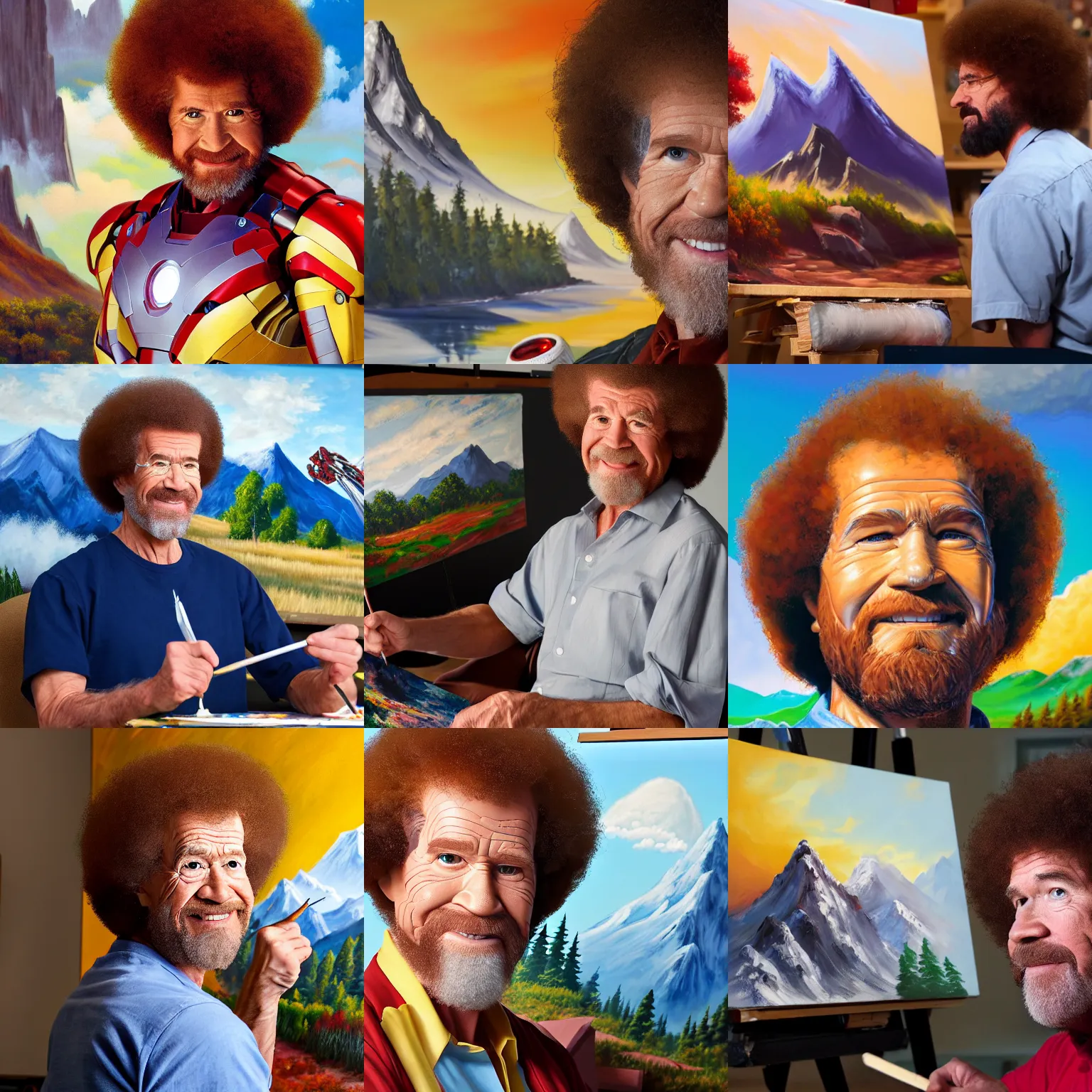 Prompt: a closeup photorealistic photograph of bob ross sitting in his studio working on a canvas painting of iron man. mountain scape. film still, vibrant colors. this 4 k hd image is trending on artstation, featured on behance, well - rendered, extra crisp, features intricate detail, epic composition and the style of unreal engine.