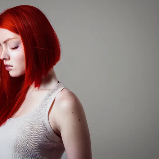 Image similar to portrait of a plain looking young white female model red hair and uneven skintone and a round shaped face