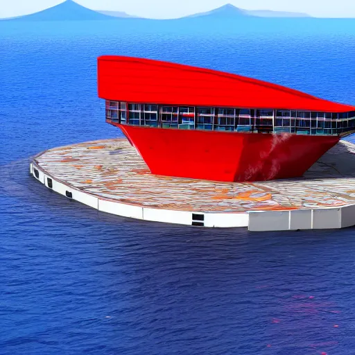 Image similar to steel structure architecture building in the middle of sea with a volcano background, red ship, blue color scheme, realistic, 8 k, artstation.