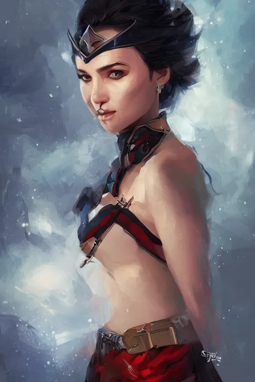 Image similar to three quarters portrait of a beautiful woman,super hero costume,heroic pose,highly detailed, digital painting,illustration, art by Stanley Lau