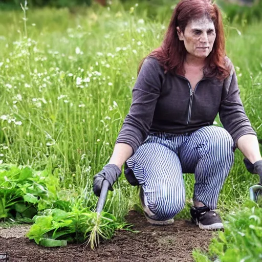 Prompt: a beautiful and mad canadian woman, on her knees, pulling weeds out frantically, some grey hair, stripey pants,