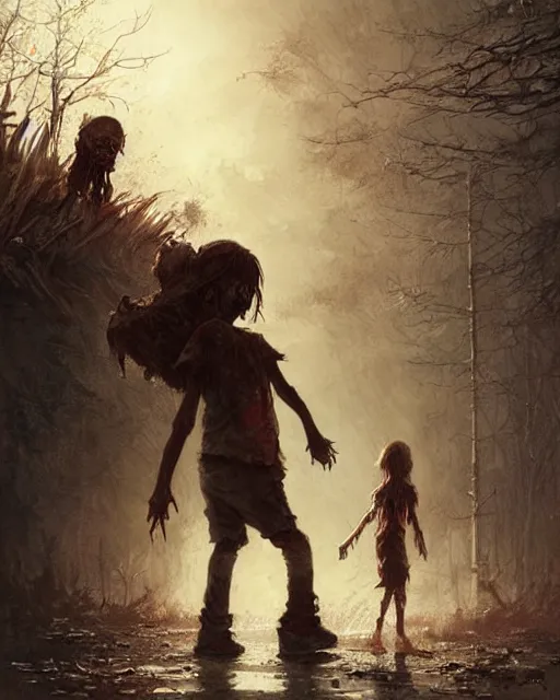 Prompt: a child zombie walking toward a scared teenager that fell on the ground realistic concept art, hd, high quality by jean baptiste monge, dan mumford, greg rutkowski