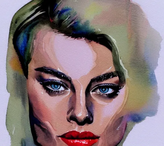 Image similar to A portrait of margot robbie made out of watercolor, trending on artstation