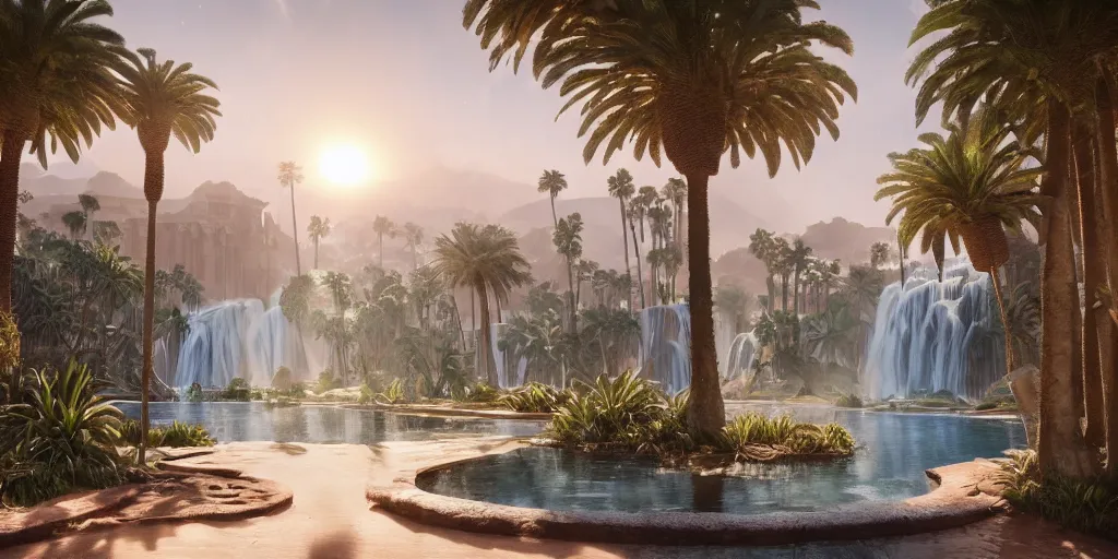 Image similar to beautiful oasis waterfalls surrounded by palm trees, moroccan tile archways, date trees, ivory towers, sun setting, ross tran, nephilim, pyroclastic flow, ethereal, fantasy, james jean, oozium, peter morbacher angelarium alchemy luxury heavenly light soft illumination, trending on artstation, cinematic lighting, digital painting, octane render, artgerm