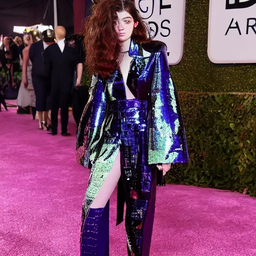 Image similar to lorde dressed in versace, cover for vogue magazine, disco ball in background, lorde standing on an elevated platform