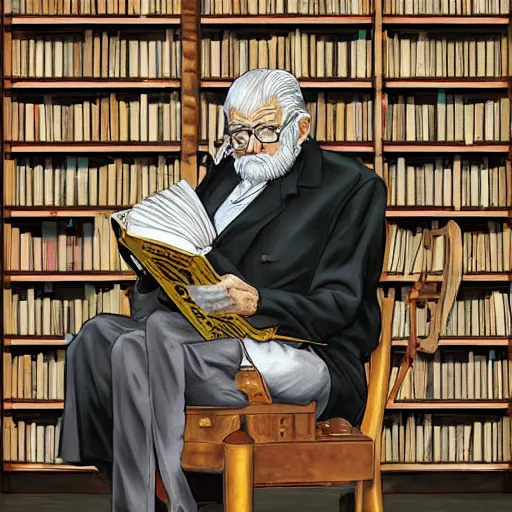 Prompt: detailed photorealistic 2 d illustration pictures a old man read manga while sitting on his library in the style of banksy and alex ross