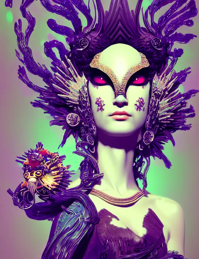 Image similar to 3 d goddess close - up profile portrait with crown, ram skull. beautiful intricately detailed punk japanese crow kitsune mask and clasical japanese kimono. betta fish, jellyfish phoenix, bio - luminescent, plasma, ice, water, wind, creature, artwork by tooth wu and wlop and beeple and greg rutkowski