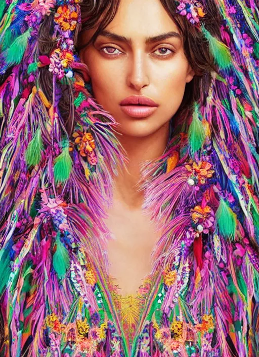 Image similar to beautiful portrait of Irina Shayk wearing fantastic Hand-dyed cotton dress,embellished beaded feather decorative fringe knots ,colorful pigtail,playful makeup,subtropical flowers and plants,symmetrical face,intricate,elegant,highly detailed,8k,digital painting,trending on pinterest,harper's bazaar,concept art, sharp focus, illustration,golden ratio,by artgerm,Tom Bagshaw,Lawrence Alma-Tadema,greg rutkowski