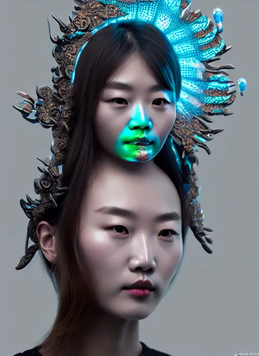 Image similar to 3 d goddess waist shot portrait. beautiful intricate highly detailed korean dokkaebi mask and traditional korean hanbok. stingray, magpie, bioluminescent, iridescent, plasma, lava, ice, water, wind, creature, key lighting, artwork by tooth wu and wlop and beeple and greg rutkowski, 8 k trending on artstation,