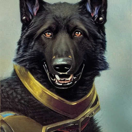 Image similar to a portrait of a man depicted as a black german shepherd dogman canine, star trek the next generation. highly detailed painting by gaston bussiere, craig mullins, j. c. leyendecker