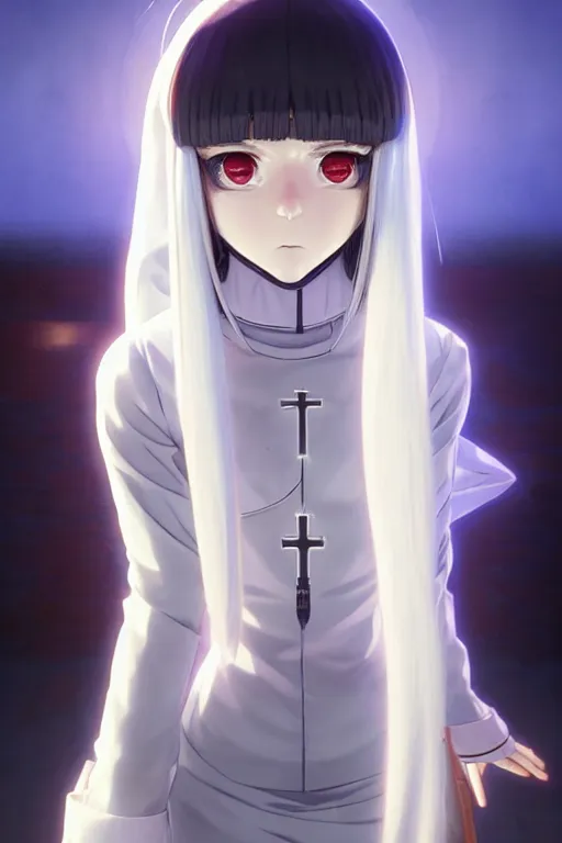 Image similar to portrait Anime cyborg girl in nun clothes, holy church Warhammer 40000, cute-fine-face, white-hair pretty face, realistic shaded Perfect face, fine details. Anime. realistic shaded lighting by Ilya Kuvshinov katsuhiro otomo ghost-in-the-shell, magali villeneuve, artgerm, rutkowski, WLOP Jeremy Lipkin and Giuseppe Dangelico Pino and Michael Garmash and Rob Rey