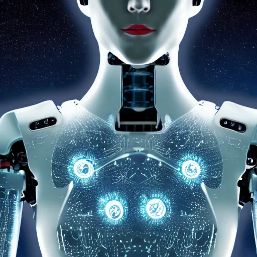 Image similar to High Detail picture of Robot human hybrid surrounded by stars 4k
