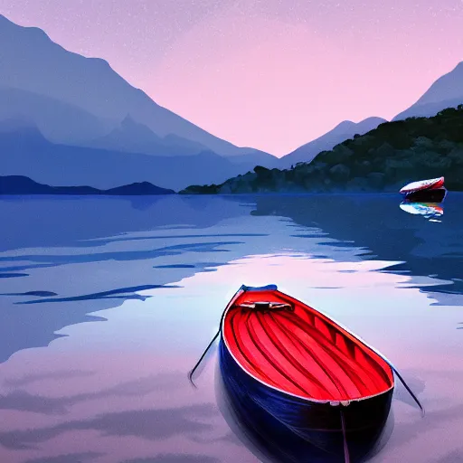 Image similar to moutain, boat on a lake, japan, sky lanterns, enya, beauty, dreamlike, artstation