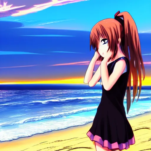 Image similar to anime girl looking at the sunset on the beach,