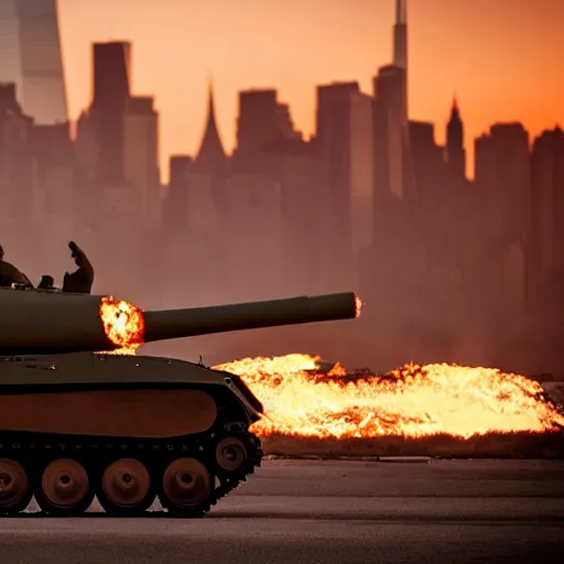 Prompt: tank in front of the new york skyline, smoking and burning, reflections, award winning photograph, sunset, desolate, atmospheric