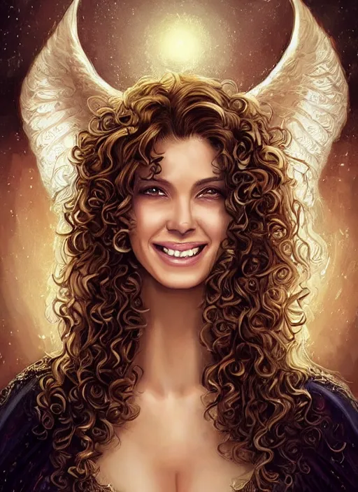 Image similar to beautiful female angel, brunette with big smile and curly hairstyle, looks like Ebru Şahin, Reyyan, looks like Fabiula Nascimento, looks like Laura Barriales, looks like Julia Roberts, D&D, fantasy, intricate, elegant, highly detailed, digital painting, artstation, concept art, character design, smooth, sharp focus, illustration, art by artgerm and greg rutkowski and alphonse mucha