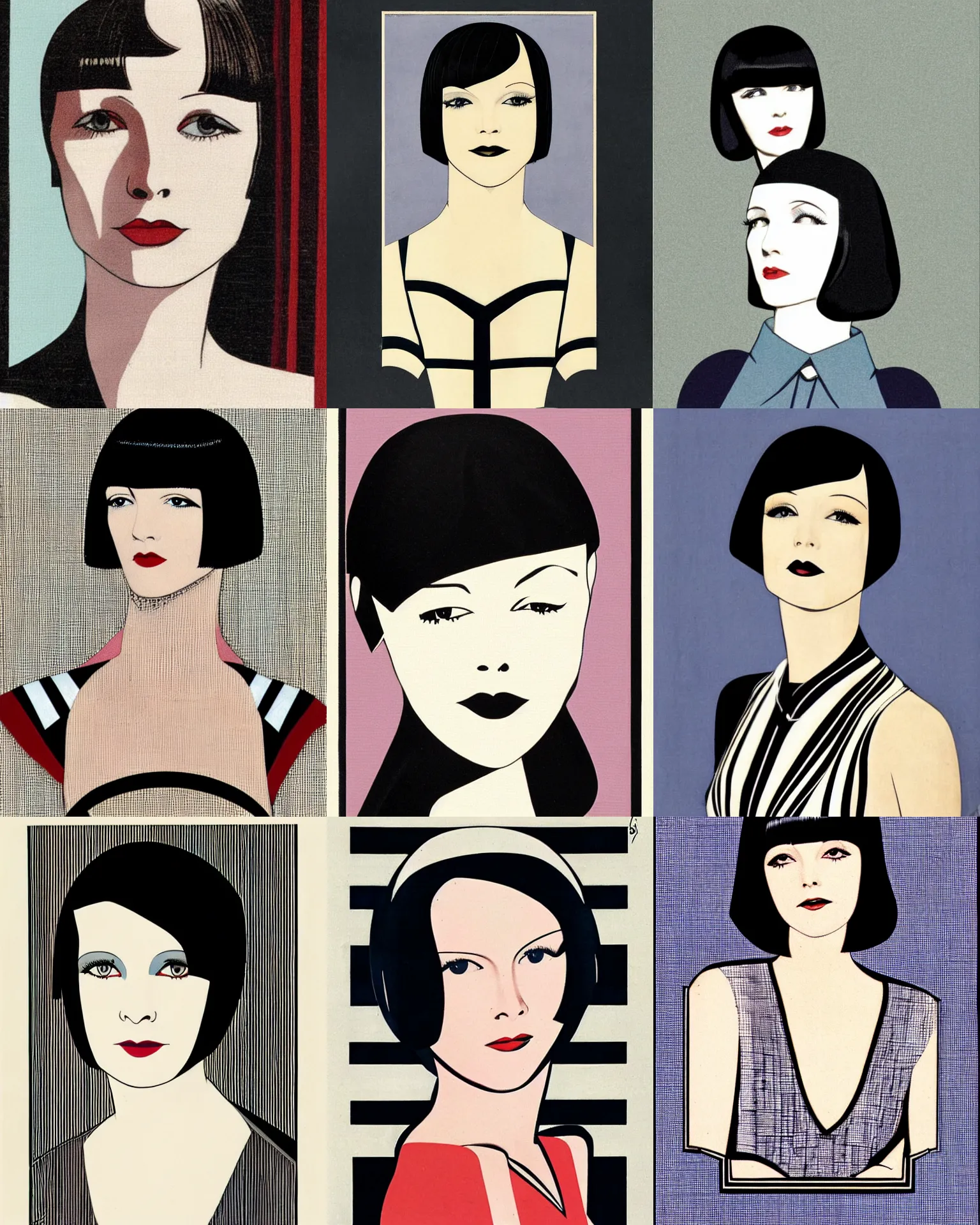 Prompt: mary louise brooks 2 5 years old, bob haircut, portrait by patrick nagel, 1 9 2 0 s, straight lines, art deco stripe pattern, right angles