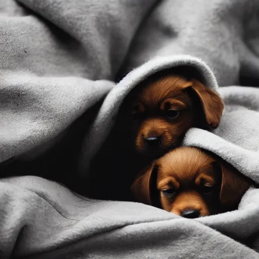 Prompt: two puppies fighting under a blanket