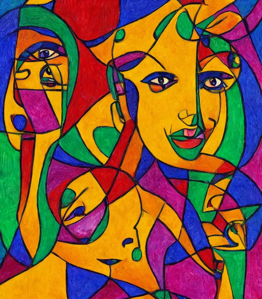 Prompt: a dreamlike portrait of a beautiful woman in the art style of cubism, vibrant colors, reggae color scheme, 4 k resolution, high detail, symmetrical face