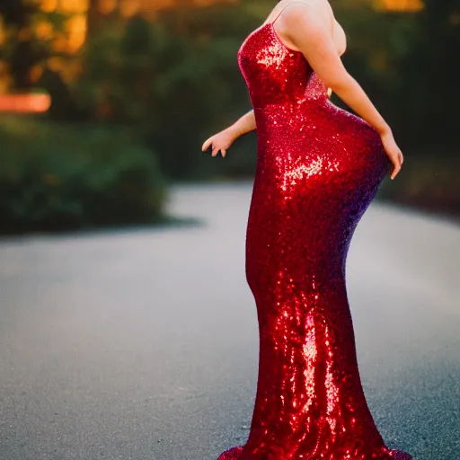 Prompt: film portrait photography of nora o'donnell as jessica rabbit, head and shoulders photography. red sequin ballgown dress. kodak ektar 4 0 0. canon f 1. 2. detailed, heavy film grain