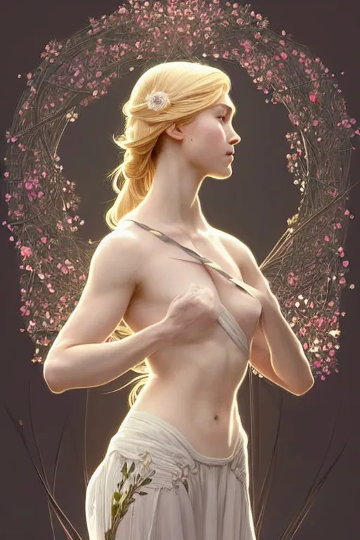 Image similar to symmetry!! full body portrait!!!! of a beautiful!!!! delicate elegant nordic shield maiden, pretty face!!!!, flower petals, intricate, elegant, highly detailed, digital painting, artstation, concept art, smooth, sharp focus, illustration, art by artgerm and greg rutkowski and alphonse mucha, 8 k