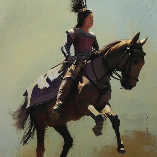 Image similar to portrait of woman wearing medieval clothing on horseback galloping, detailed by greg manchess, craig mullins, bernie fuchs, walter everett