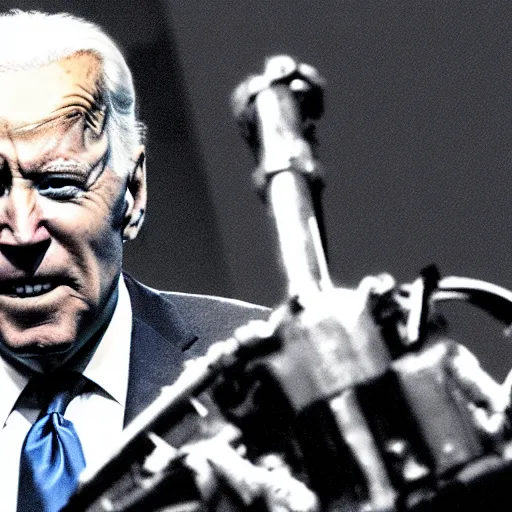 Prompt: joe biden as the terminator hunting down donald trump