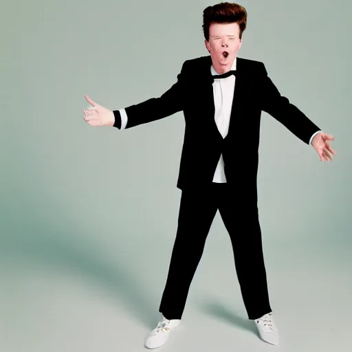 Image similar to young Rick Astley singing into a microphone, dancing, black suit, striped shirt, white background, colored photograph, 4k