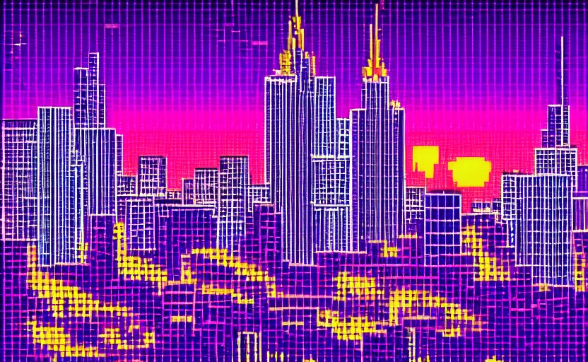 Image similar to beautiful synthwave city pixel art