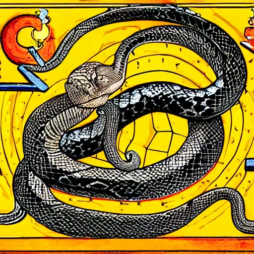 Prompt: a snake biting itself in the center of a tarot card, drawing style, intricate details in the frames, 4k, high quality render