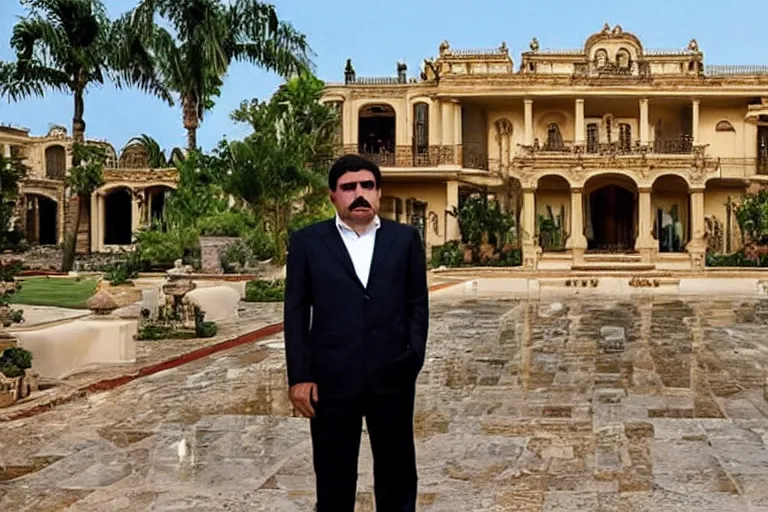 Image similar to el chapo standing in the middle of a grandiose mexican mansion. everything is made out of gold. el chapo is sipping o wine.