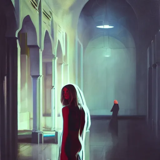 Image similar to beautiful woman, courtyard, capital, mosque interior, reflections, control panel, watcher, omniscient, tech noir, few neon signs, matte painting, speed painting, chiaroscuro, oil on canvas