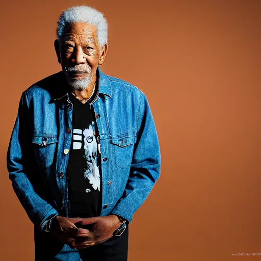 Image similar to a studio photograph of Morgan Freeman dressed as Travis Scott, 40mm lens, shallow depth of field, split lighting