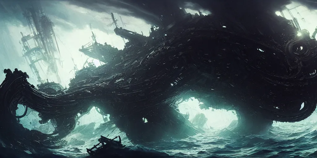 Prompt: ship being destroyed by a giant kraken sea monster, a lot of tentacles, chaos, view from above. In style of Yoji Shinkawa and Hyung-tae Kim, trending on ArtStation, Greg Rutkowski, dark fantasy, great composition, concept art, highly detailed, scenery.