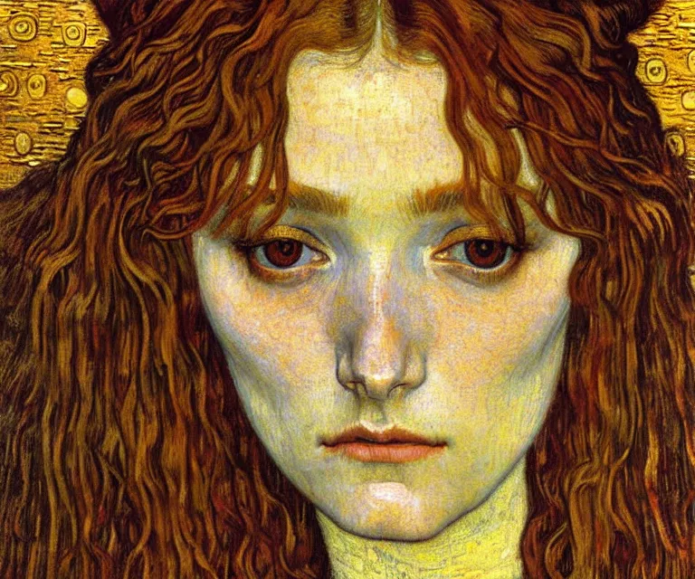 Image similar to detailed realistic beautiful young medieval queen face portrait by jean delville, gustav klimt and vincent van gogh, art nouveau, symbolist, visionary, gothic, pre - raphaelite, muted earthy colors, desaturated