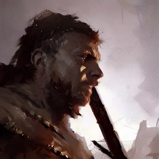 Image similar to Portrait painting of a barbarian warrior by greg rutkowski and Craig Mullins, Dark atmospheric and cinematic lighting
