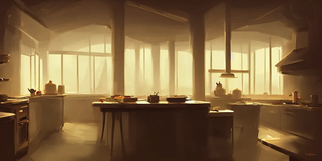 Prompt: curved perspective digital art of a dim lit kitchen from Tim Burtons by bastien grivet