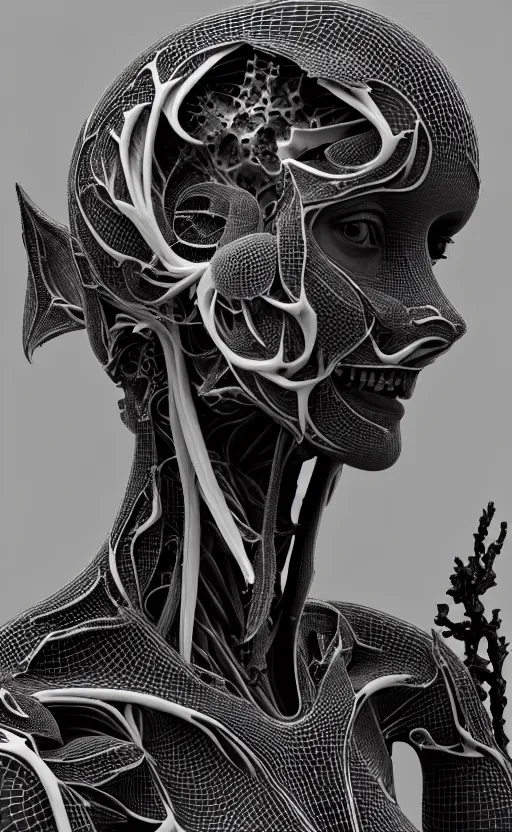 Prompt: a black and white 3D render of a beautiful profile face portrait of a female dragon-cyborg, 150 mm, flowers, Mandelbrot fractal, anatomical, flesh, facial muscles, wires, microchip, veins, arteries, full frame, microscopic, elegant, highly detailed, flesh ornate, elegant, high fashion, rim light, octane render in the style of H.R. Giger and Man Ray