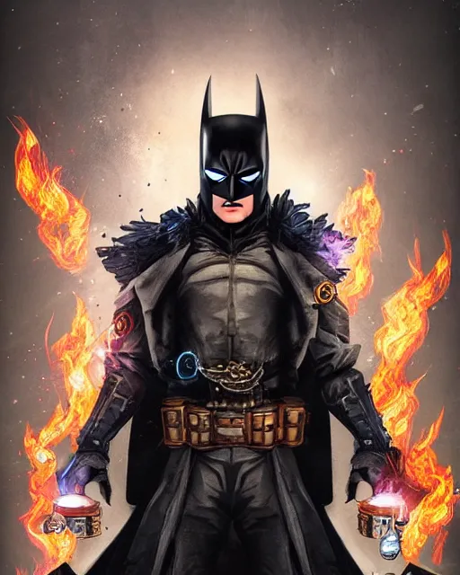 Image similar to steampunk batman with fire and ice magic coming out from his hands in a dystopian environment, full body view, highly detailed, amazing digital art, artstation, sharp focus