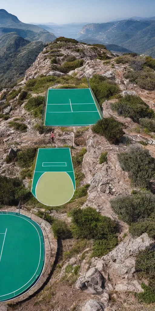 Image similar to Tennis court between mountains and sea. the style of National Geographic magazine