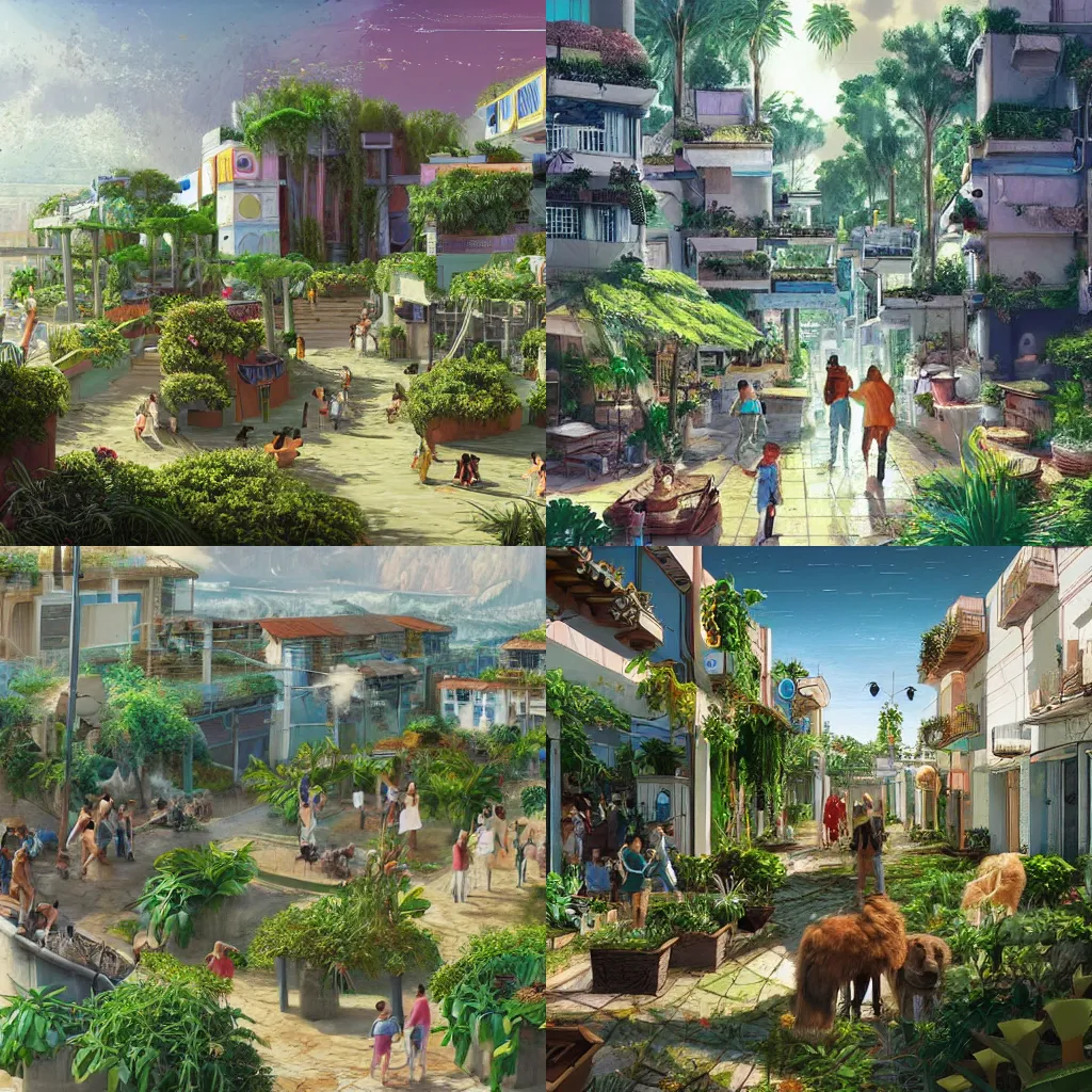 Prompt: happy families and animals spending their sunday in the tranquil plant - draped solarpunk mediterranean towns of the future, living in perfect technological harmony with nature. top post on / r / solarpunk. concept art