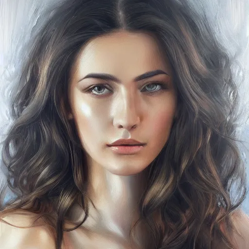 Prompt: beautiful portrait face centre oil on canvas of brunette with wavy hair Ebru Şahin, Reyyan, intricate, elegant, highly detailed, artstation, concept art, sharp focus, art by Alina Ivanchenko, Rob Ross, WLUP, artgerm